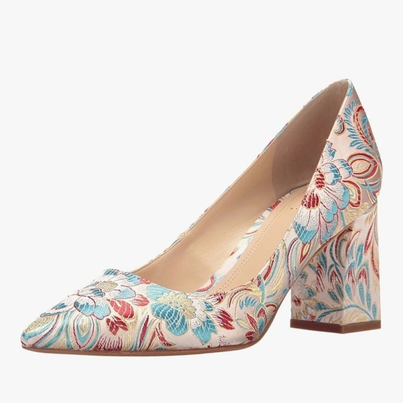 Marc Fisher Shoes - Marc Fisher Zala Pointed Toe Pumps Block Heel Floral Brocade Leather Used 6